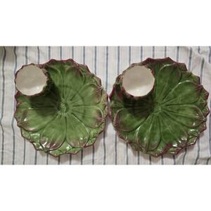 Set Of Vtg Sur La Table Green‎ MajolicArtichoke Plate Attached Dip Dish 8" Italy